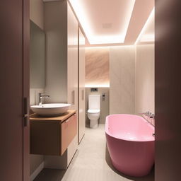 A modern bathroom layout with a sink positioned on the left at the entrance