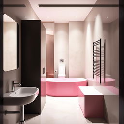 A modern bathroom layout with a sink positioned on the left at the entrance