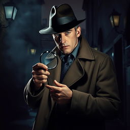A detective in a classic noir style, dressed in a sleek trench coat and fedora, holding a magnifying glass while examining a crime scene in dim lighting