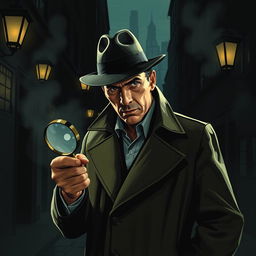 A detective in a classic noir style, dressed in a sleek trench coat and fedora, holding a magnifying glass while examining a crime scene in dim lighting