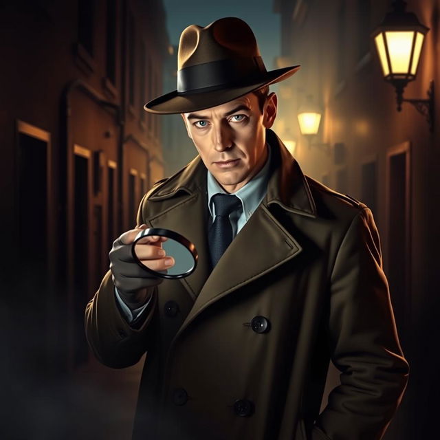 A detective in a classic noir style, dressed in a sleek trench coat and fedora, holding a magnifying glass while examining a crime scene in dim lighting