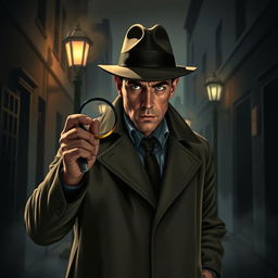 A detective in a classic noir style, dressed in a sleek trench coat and fedora, holding a magnifying glass while examining a crime scene in dim lighting