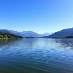 A serene landscape featuring a calm lake surrounded by lush greenery and distant mountains under a clear blue sky