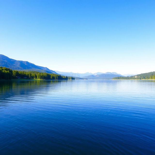 A serene landscape featuring a calm lake surrounded by lush greenery and distant mountains under a clear blue sky