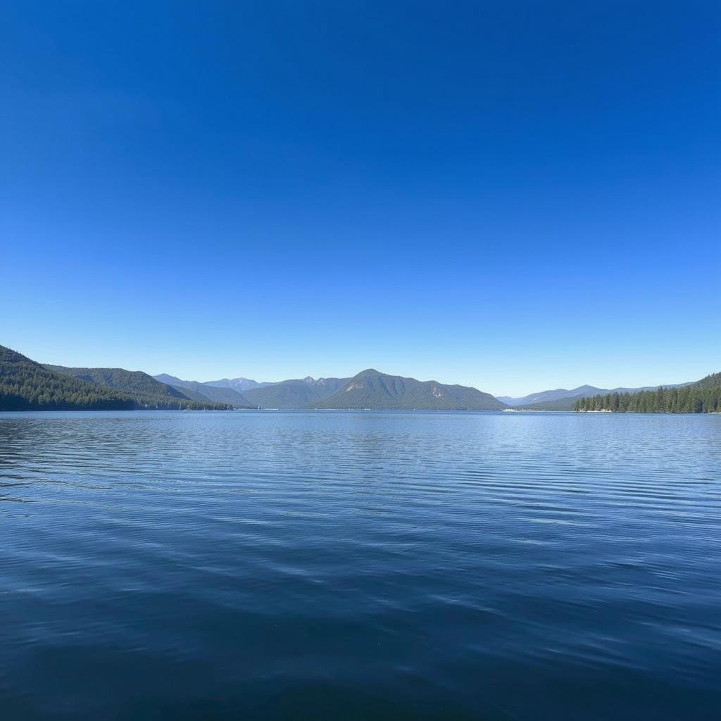 A serene landscape featuring a calm lake surrounded by lush greenery and distant mountains under a clear blue sky