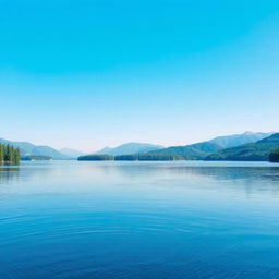 A serene landscape featuring a calm lake surrounded by lush greenery and distant mountains under a clear blue sky