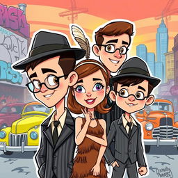 A vibrant cartoon scene featuring two stylish gangster boys and one girl