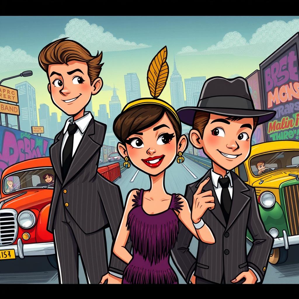 A vibrant cartoon scene featuring two stylish gangster boys and one girl