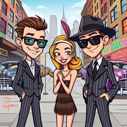A vibrant cartoon scene featuring two stylish gangster boys and one girl