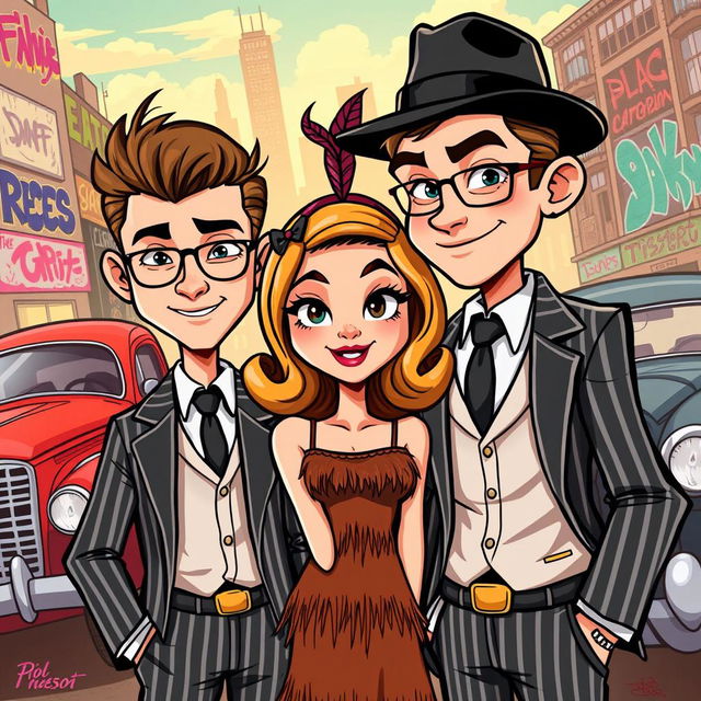 A vibrant cartoon scene featuring two stylish gangster boys and one girl