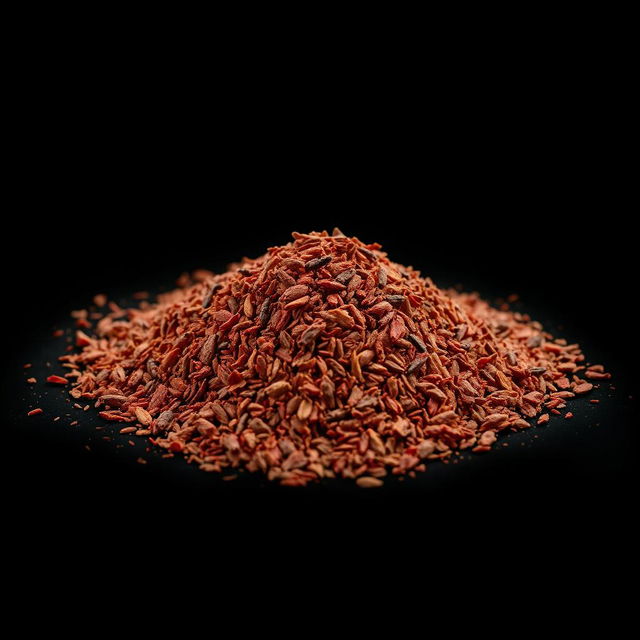 A pile of pul biber (red pepper flakes) scattered on the ground, viewed from a completely front angle