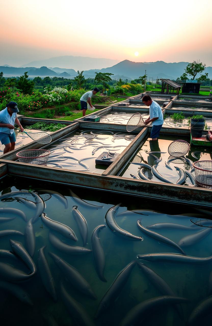 A serene and picturesque eel farming scene, showcasing a tranquil aquaculture setting with lush greenery and clear water tanks filled with healthy eels swimming gracefully