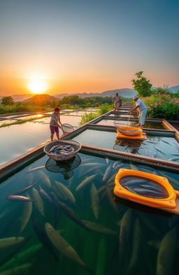 A serene and picturesque eel farming scene, showcasing a tranquil aquaculture setting with lush greenery and clear water tanks filled with healthy eels swimming gracefully