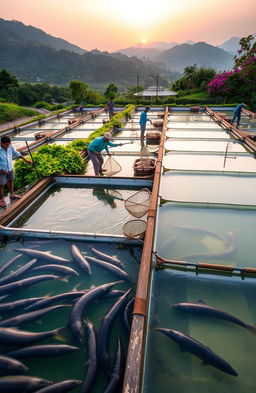 A serene and picturesque eel farming scene, showcasing a tranquil aquaculture setting with lush greenery and clear water tanks filled with healthy eels swimming gracefully