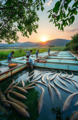A serene and picturesque eel farming scene, showcasing a tranquil aquaculture setting with lush greenery and clear water tanks filled with healthy eels swimming gracefully