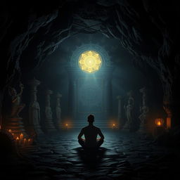 In a dark, mystical cave, the shadows of various Hindu religious statues and symbols dance across the walls