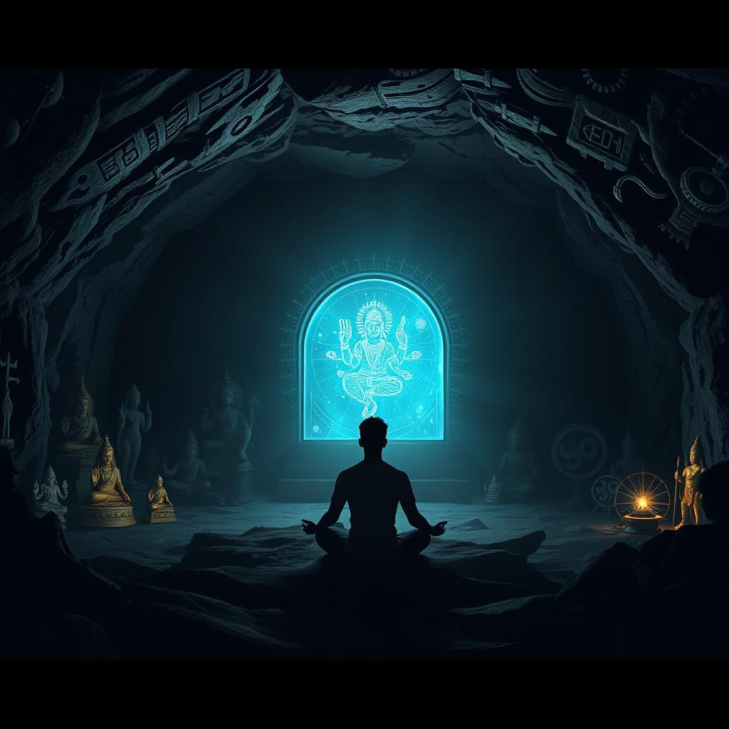In a dark, mystical cave, the shadows of various Hindu religious statues and symbols dance across the walls