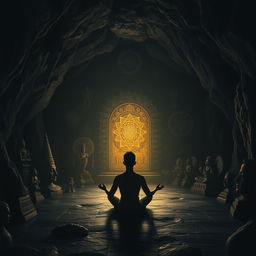 In a dark, mystical cave, the shadows of various Hindu religious statues and symbols dance across the walls