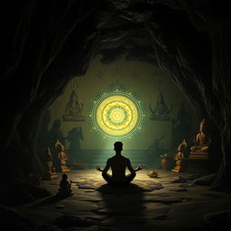 In a dark, mystical cave, the shadows of various Hindu religious statues and symbols dance across the walls