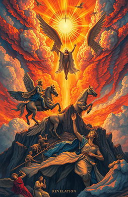 An illustrated study on the biblical book of Revelation, featuring a symbolic portrayal of the apocalyptic visions described in the text