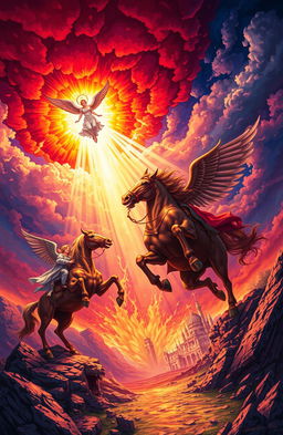 An illustrated study on the biblical book of Revelation, featuring a symbolic portrayal of the apocalyptic visions described in the text