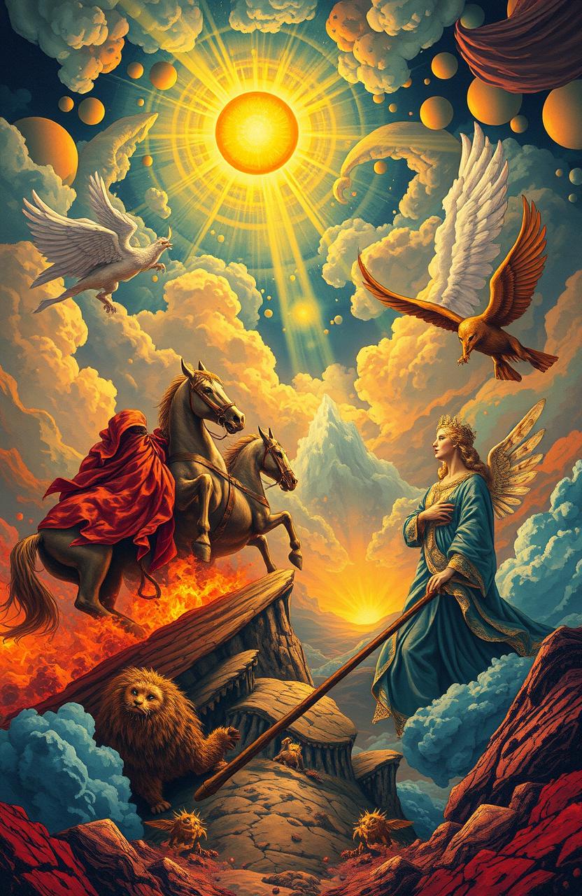 An illustrated study on the biblical book of Revelation, featuring a symbolic portrayal of the apocalyptic visions described in the text