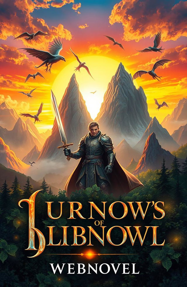 A dynamic and imaginative book cover illustration for a webnovel, featuring a fantastical landscape with towering mountains under a vibrant sunset sky
