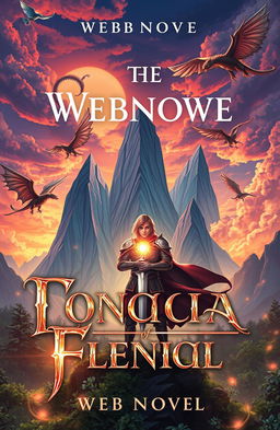 A dynamic and imaginative book cover illustration for a webnovel, featuring a fantastical landscape with towering mountains under a vibrant sunset sky