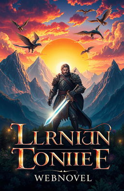 A dynamic and imaginative book cover illustration for a webnovel, featuring a fantastical landscape with towering mountains under a vibrant sunset sky
