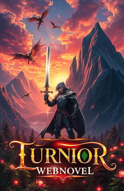 A dynamic and imaginative book cover illustration for a webnovel, featuring a fantastical landscape with towering mountains under a vibrant sunset sky