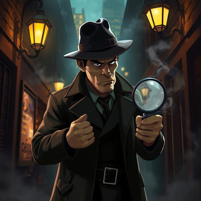 A detective character in a vintage noir style, wearing a stylish trench coat and a classic fedora, intensely scrutinizing a crime scene