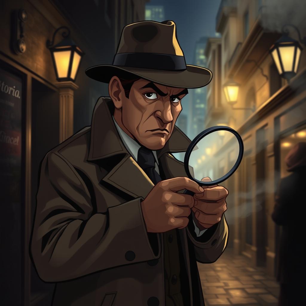 A detective character in a vintage noir style, wearing a stylish trench coat and a classic fedora, intensely scrutinizing a crime scene