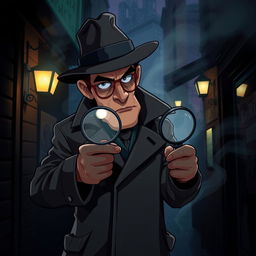 A detective character in a vintage noir style, wearing a stylish trench coat and a classic fedora, intensely scrutinizing a crime scene