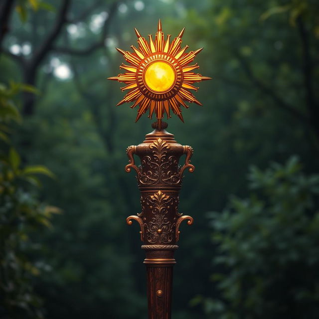 A medieval royal staff adorned with intricate engravings and embellishments, prominently featuring a glowing sun at the top, radiating warm light