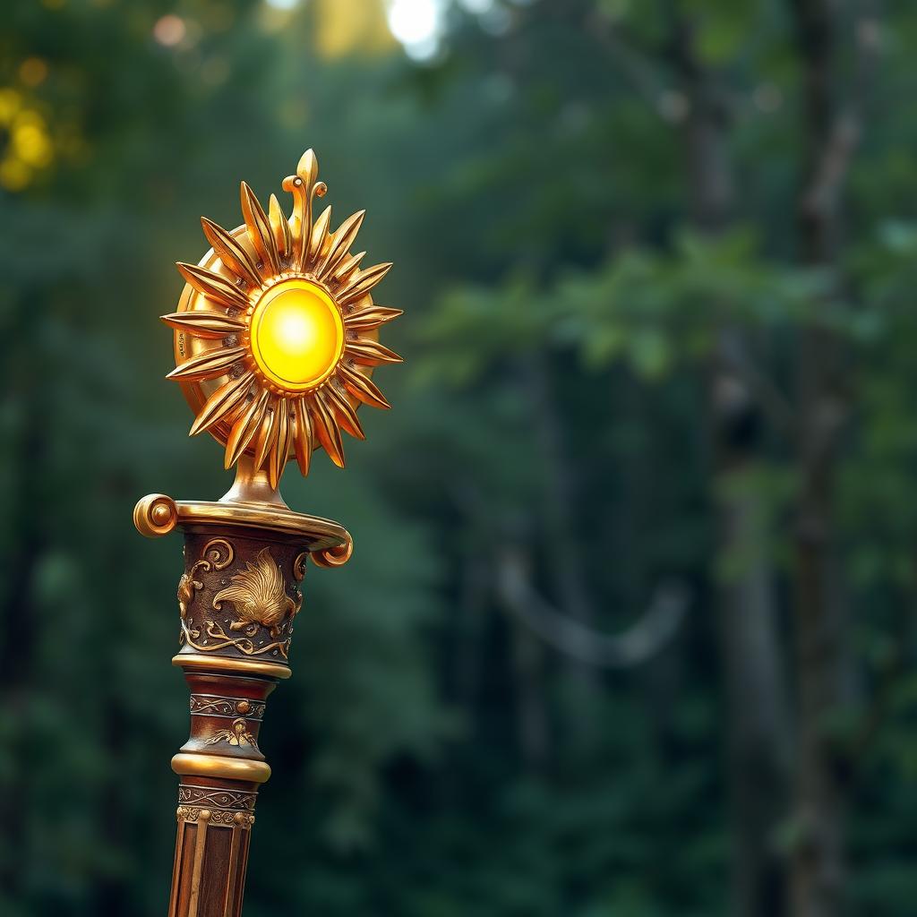 A medieval royal staff adorned with intricate engravings and embellishments, prominently featuring a glowing sun at the top, radiating warm light