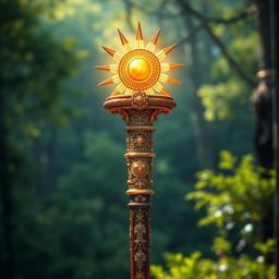 A medieval royal staff adorned with intricate engravings and embellishments, prominently featuring a glowing sun at the top, radiating warm light