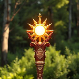 A medieval royal staff adorned with intricate engravings and embellishments, prominently featuring a glowing sun at the top, radiating warm light