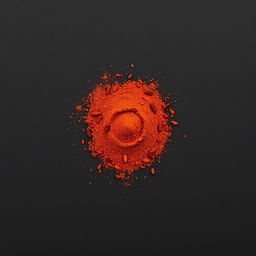 A heap of dried and ground red chili pepper scattered on a completely black background, viewed straight on, with no other objects present
