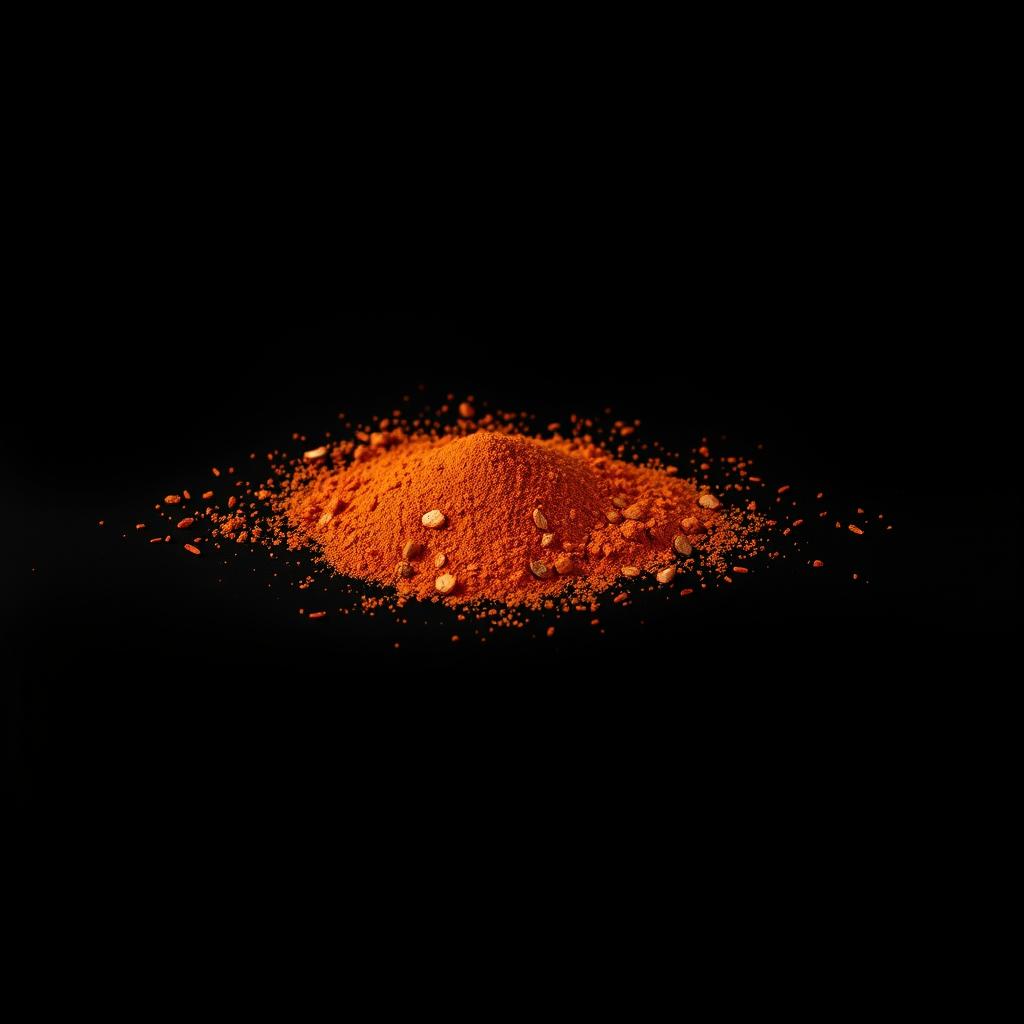 A heap of dried and ground red chili pepper scattered on a completely black background, viewed straight on, with no other objects present