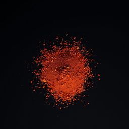 A heap of dried and ground red chili pepper scattered on a completely black background, viewed straight on, with no other objects present
