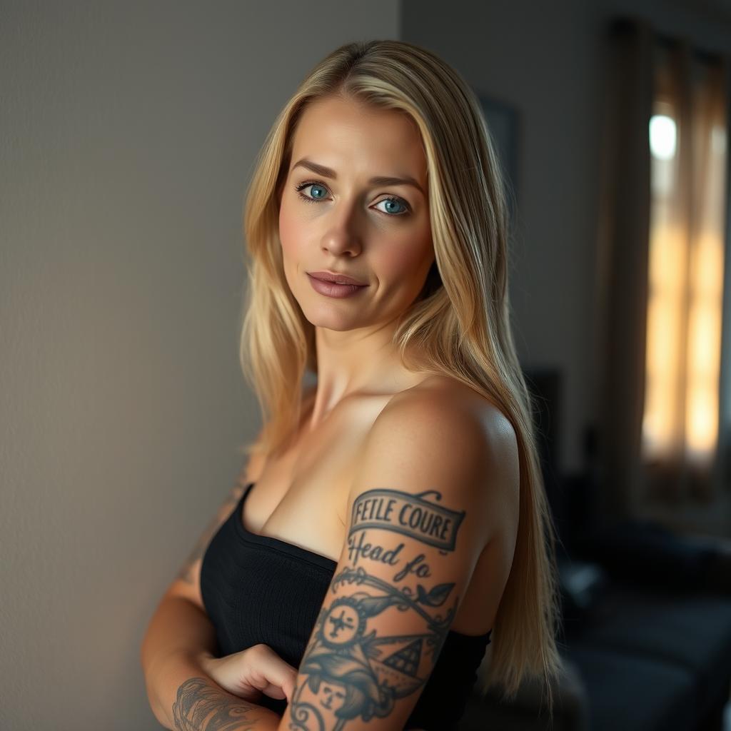 A blonde woman with a striking tattoo that covers her entire left arm stands confidently, posing for the camera against a neutral wall in her cozy home
