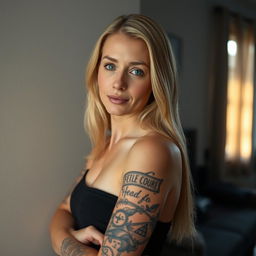 A blonde woman with a striking tattoo that covers her entire left arm stands confidently, posing for the camera against a neutral wall in her cozy home