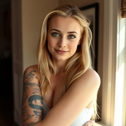 A blonde woman with a striking tattoo that covers her entire left arm stands confidently, posing for the camera against a neutral wall in her cozy home
