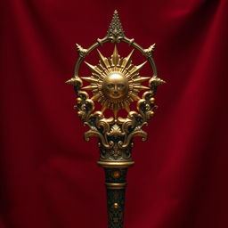 A medieval royal scepter featuring an intricate design with ornate carvings and gold leaf details, culminating in a magnificent sun at the top