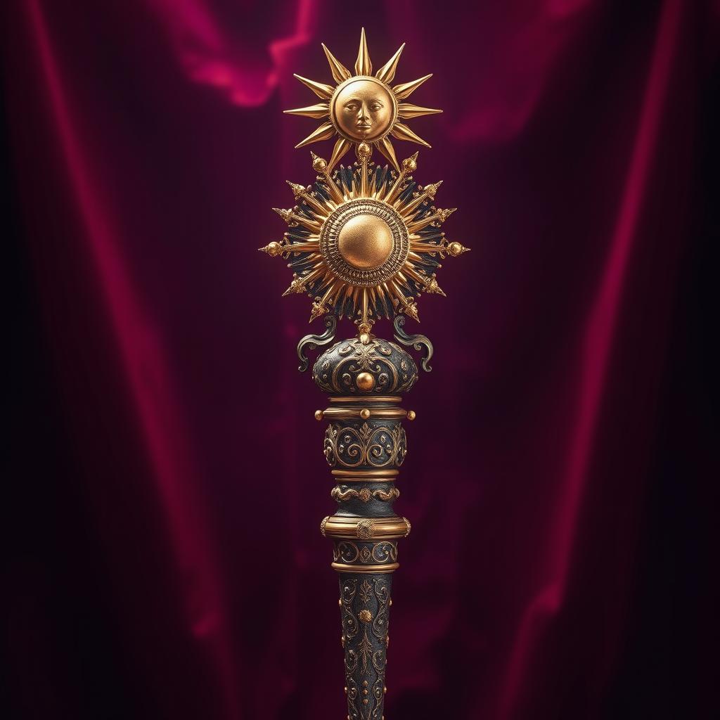 A medieval royal scepter featuring an intricate design with ornate carvings and gold leaf details, culminating in a magnificent sun at the top