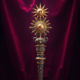 A medieval royal scepter featuring an intricate design with ornate carvings and gold leaf details, culminating in a magnificent sun at the top