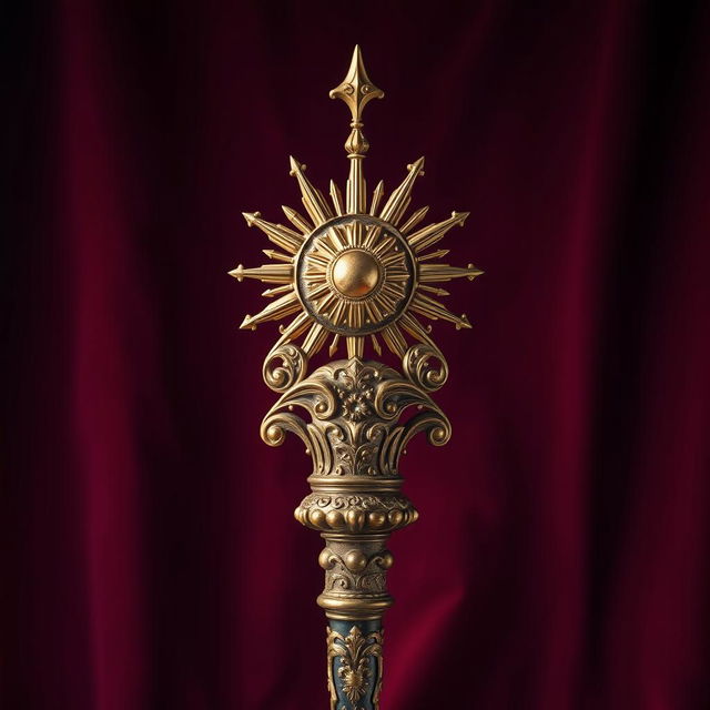 A medieval royal scepter featuring an intricate design with ornate carvings and gold leaf details, culminating in a magnificent sun at the top