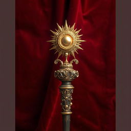 A medieval royal scepter featuring an intricate design with ornate carvings and gold leaf details, culminating in a magnificent sun at the top