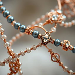 An artistic representation featuring intricate shiny bead sequences intertwined with copper wire and French wire designs