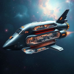 A futuristic space shuttle designed with five distinct levels, showcasing advanced technology and sleek aerodynamics